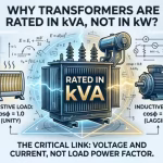 Featured image for StudyElectrical.com article explaining why transformers are rated in kVA not kW. The technical illustration shows a dynamic central transformer labeled 'RATED IN kVA' glowing with electric blue and gold energy, flanked by icons representing a resistive heater load (cosφ = 1.0) and an inductive motor load (cosφ = 0.8). Swirling equations and circuit diagrams surround the unit. The StudyElectrical logo is in the bottom corner.