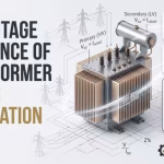 A detailed technical infographic illustrating percentage impedance in a transformer. The left side features a bold title: "PERCENTAGE IMPEDANCE OF TRANSFORMER AND ITS CALCULATION." The right side shows a 3D isometric illustration of a power transformer with cooling fins, bushings, and internal windings, labeled "Primary (HV)" and "Secondary (LV)." Above the transformer, two calculation boxes display the formulas Z% = (Vsc / Vrated) * 100 and Z = V / Isc. Below the transformer is a detailed circuit schematic for a "Transformer under test" showing a voltage source, ammeter, voltmeters, and shorted output. The background consists of a teal blueprint schematic, power line towers, and various electrical symbols. The StudyElectrical.com logo is in the bottom right corner.